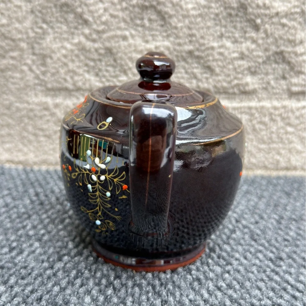 Vintage Japanese Brown Glazed Ceramic Teapot Hand Painted Floral Gold Moriage